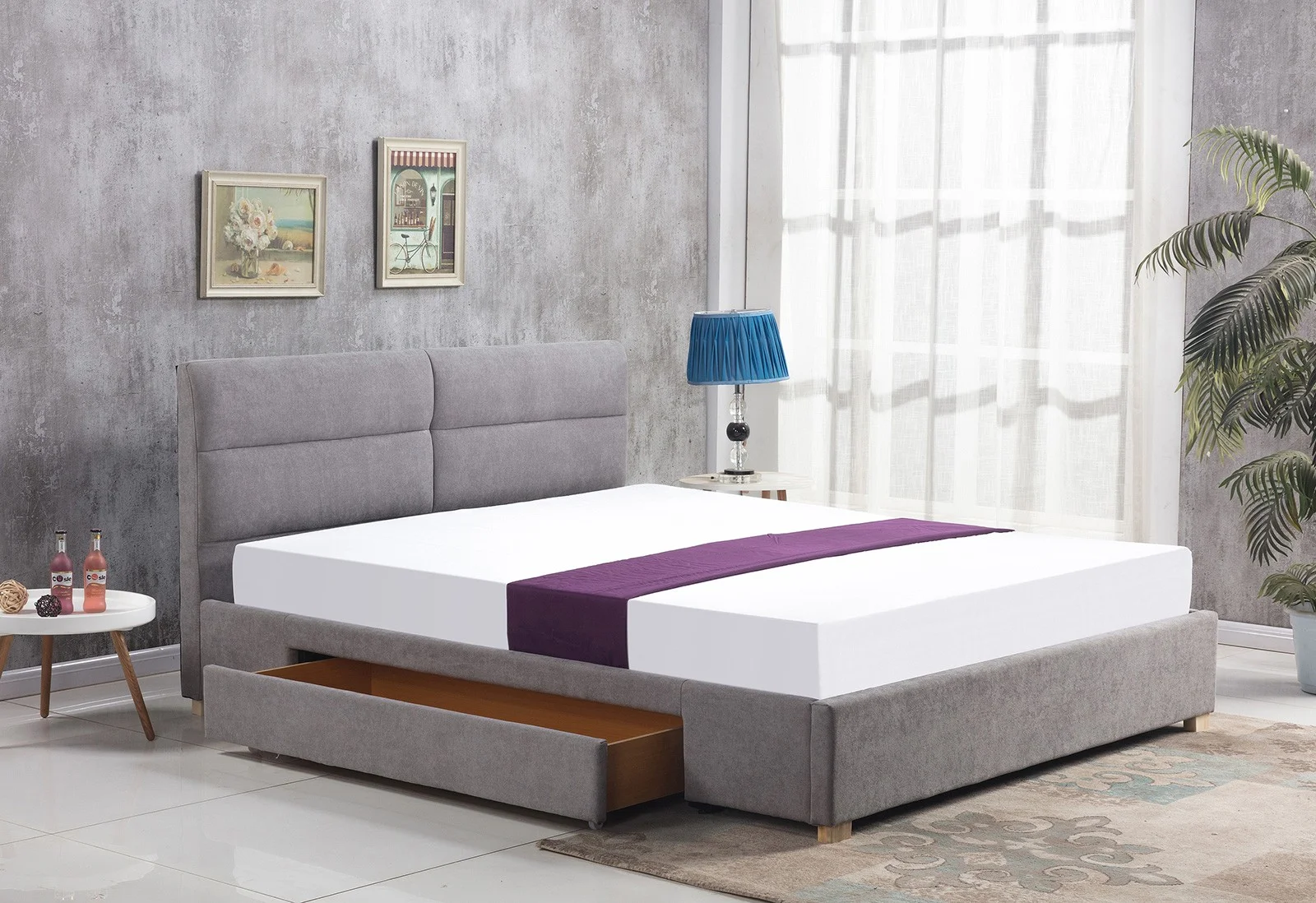 Łóżko 160x200 tapicerowane z szufladą MERIDA jasny popiel