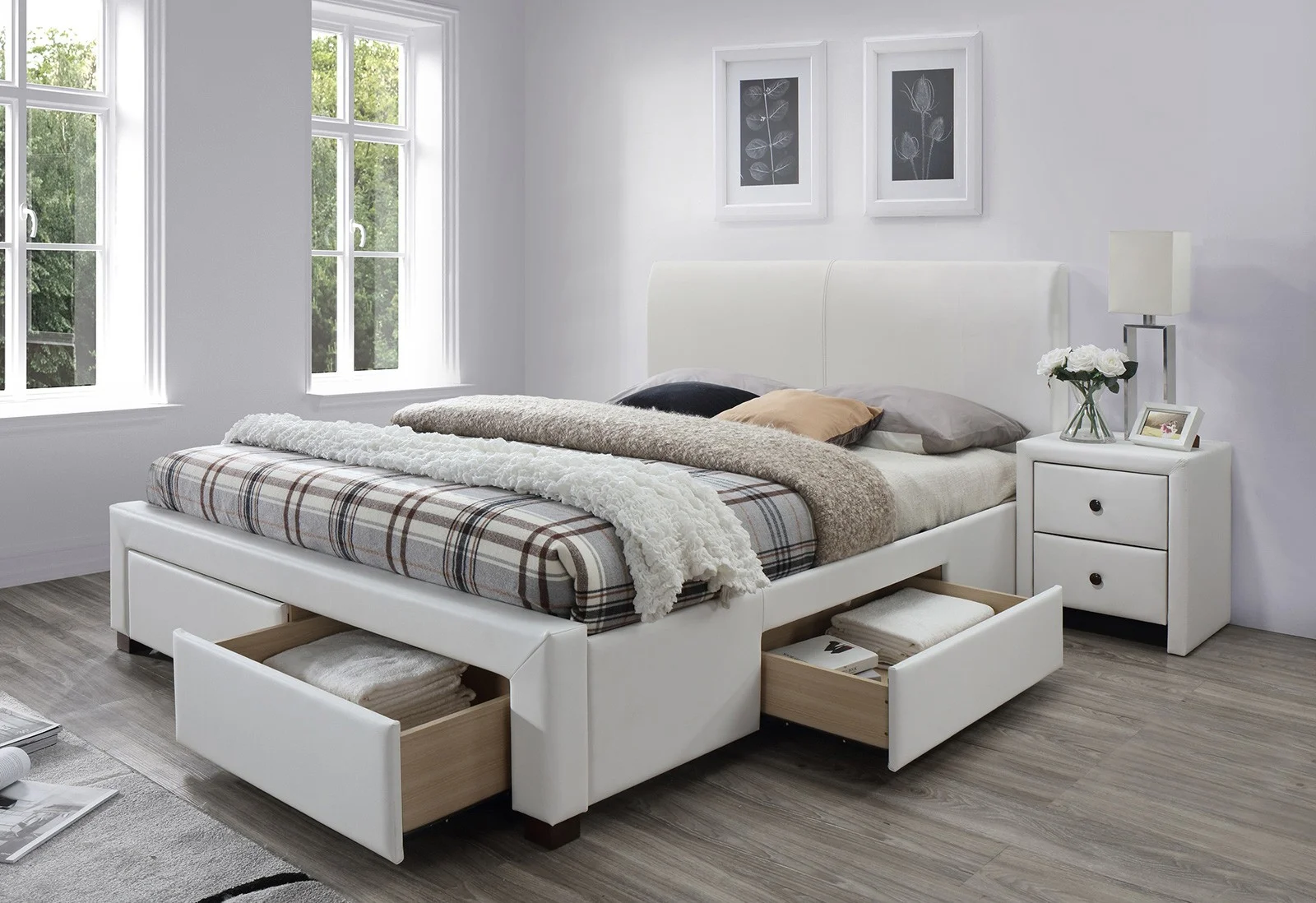 Łóżko 160x200 tapicerowane z szufladami MODENA 2 biała eco-skóra